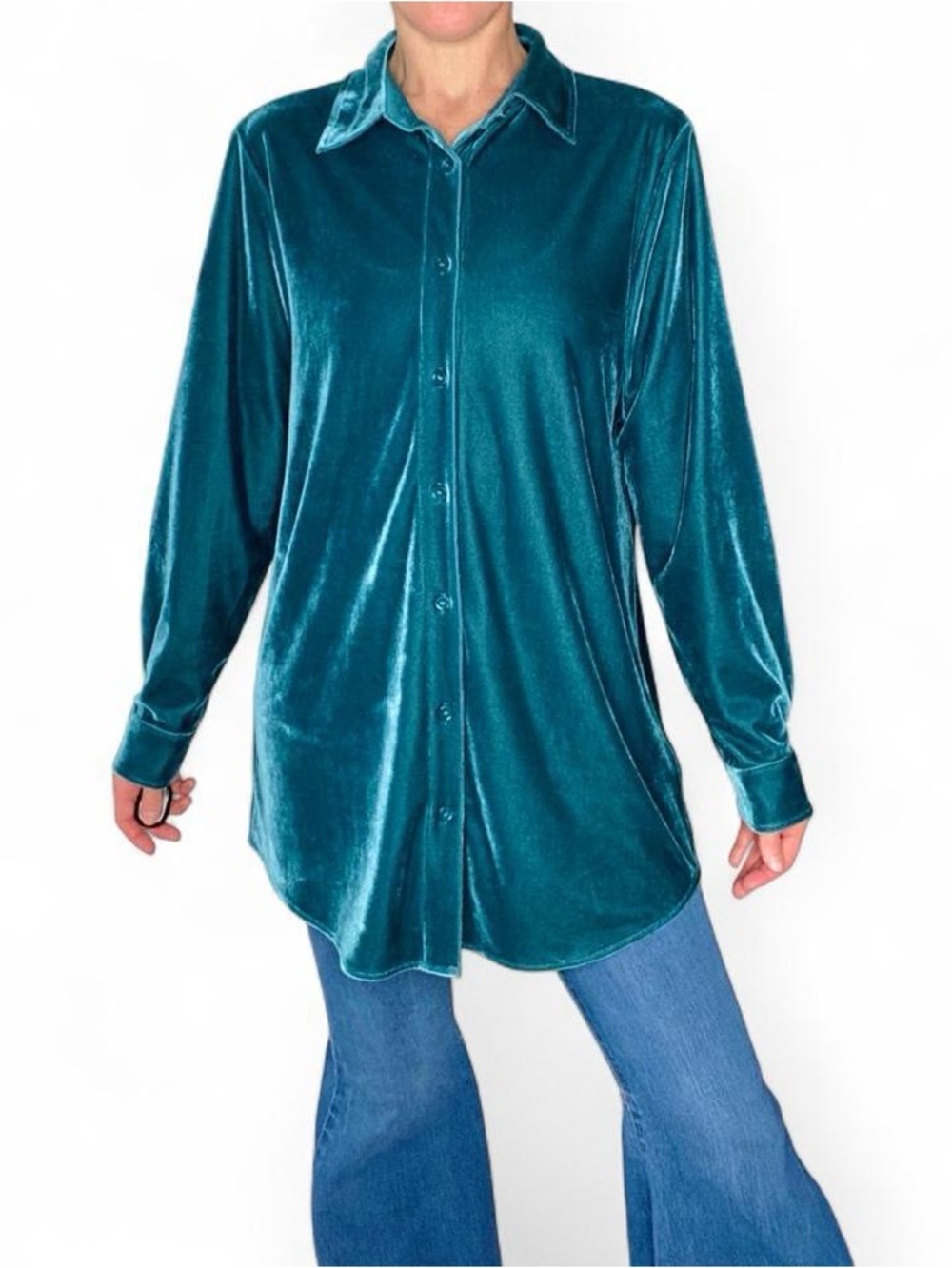 Soft Surroundings Teal Velvet Button Up Tunic Shirt